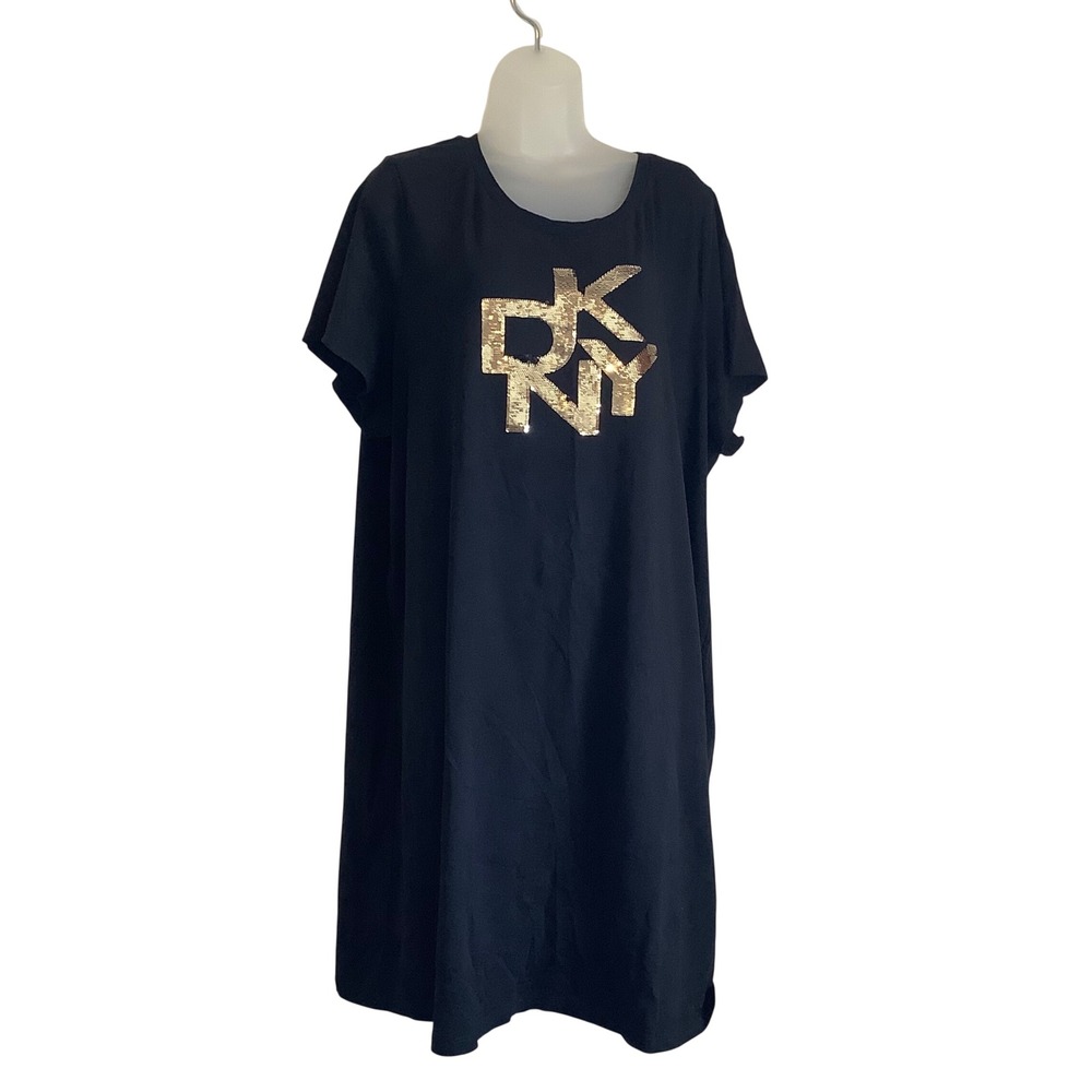 DKNY Womens Black Gold Sequin Logo T-Shirt Dress Size 2X Plus Short Sleeve Shift - Picture 6 of 10